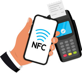 Poster - Contactless payment. Smartphone with Online Payment. NFC payments. POS terminal with smartphone and credit card. Wireless, contactless or cashless payments. Accepting payment at POS terminal