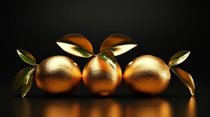 Poster - Trio of golden textured lemons made of gold with polished leaves on a black surface, ideal for abstract art and luxury design concepts. Exclusive fruit.
