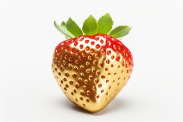 Wall Mural - Gold-toned strawberry with vivid red details on white background, ideal for unique culinary presentations or design elements in food styling.