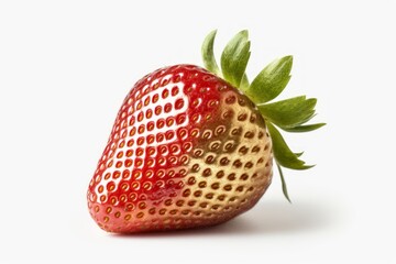 Poster - Gold-toned strawberry with vivid red details on a white background, ideal for unique culinary presentations or design elements in food styling.