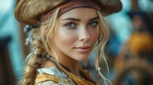 A Woman In A Pirate Pin Up Cosplay Background - A Girl In A Pirate Costume - Female Pirate Wallpaper Created With Generative AI Technology