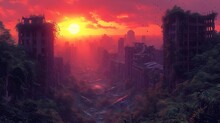 Majestic Sunset Over A Forgotten City Engulfed By Natures Embrace. The Sun Dips Below The Horizon, Casting A Fiery Glow Over A Once-bustling City Now Reclaimed By The Relentless Growth Of Foliage. 