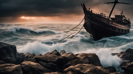 Wall Mural - A scary long boat on the rocks at a sea  