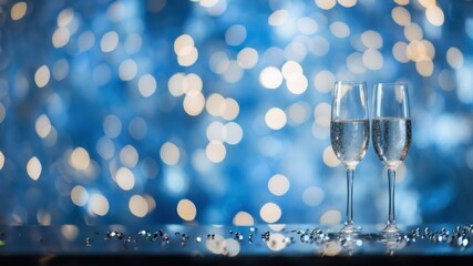 Sparkling Champagne Flutes with Elegant Bokeh Background Celebration  Poster or Sign with Open Empty Copy Space for Text 
