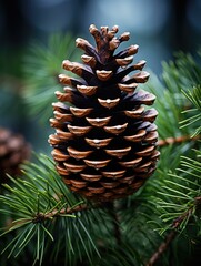 Wall Mural - A detailed macro photo of a pine cone on a pine tree, capturing the intricate patterns and textures. Generative AI.