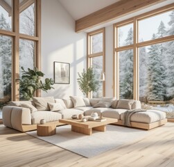 Sticker - A large living room with wood floors and large windows. Generative AI.