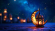 Gentle glow of a lantern and the serene presence of the moon, casting a mesmerizing light against a bokeh background.