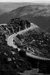 Top view of winding road in Serra da Estrela, Portugal. Black and white photo.