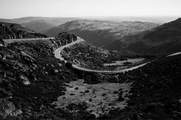 Sticker - Curvy road in Serra da Estrela, Portugal. Black and white photo.