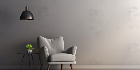 Wall Mural - Chic gray chair and table with luminous lamp by white wall.
