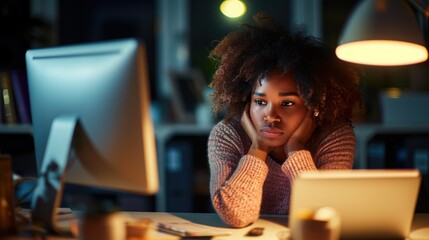 tired Exhausted African American woman working at computer in dimly lit room dealing with stress and fatigue