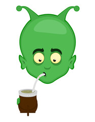 Wall Mural - vector illustration face alien or extraterrestrial cartoon drinking mate, a classic drink of argentinian culture