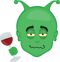 Wall Mural - vector illustration face alien, extraterrestrial or martian character cartoon, drunk with a glass of wine in hand
