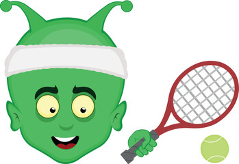 vector illustration face alien, extraterrestrial or martian character cartoon with a tennis racket and ball