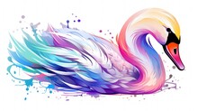 Beautiful Swan Rainbow Vibrant Colorsplash, Watercolor Style White Background. Generate AI