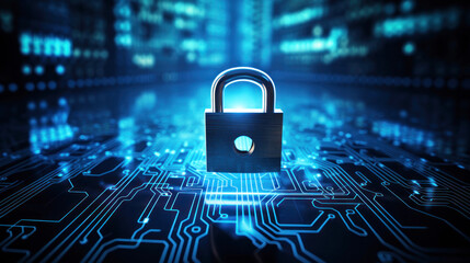 Lock on black background with glowing binary matrix code. Computer Cyber Security Day, awareness about promoting best practices for staying safe online. Online safety banner with copy space