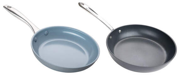 Frying pan. Ceramic nonstick pan with stainless steel handle. Fry pan for cooking. Gray ceramic coating. Free of PFAS, PFOA, lead and cadmium. Professional chef kitchenware. White isolated background