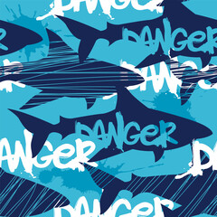 Poster - Grunge seamless pattern with cool shark and graffiti text on blue background.  Print for boys