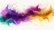 A painting of a purple and yellow cloud. Mardi Gras background with purple, green and golden colors on white.