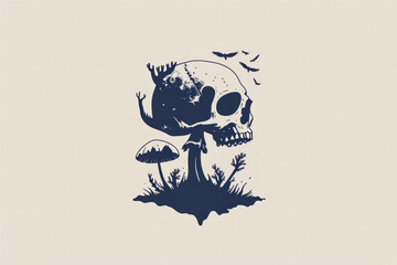 Skull and mushroom in illustration style. Background with selective focus and copy space