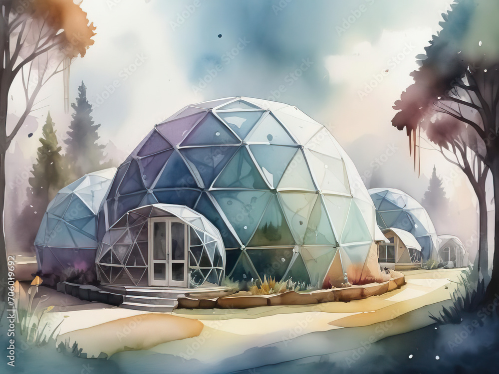 Geodesic Biohome Whimsical Watercolor Geodesic Domes - Playful 8K high-resolution ...
