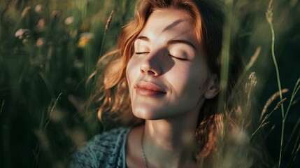 Canvas Print - A woman's face with emotional stability and happiness in her smile. joy of communicating with nature in everyday life and enhancing self-healing and emotional index. well-being. generative AI