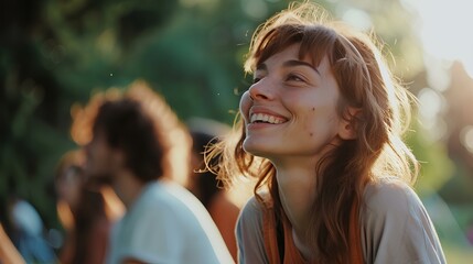 Canvas Print - A woman's face with emotional stability and happiness in her smile. joy of communicating with nature in everyday life and enhancing self-healing and emotional index. well-being. generative AI