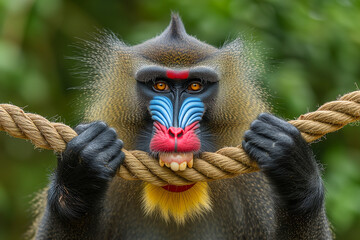 Wall Mural - A mandrill grips a rope with both hands, showcasing its strikingly colorful and expressive face