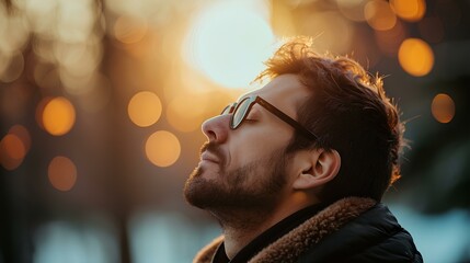 Wall Mural - A man's face with emotional stability and happiness in her smile. joy of communicating with nature in everyday life and enhancing self-healing and emotional index. well-being. generative AI