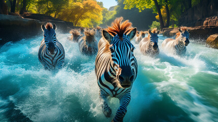 Wall Mural - zebras in the water