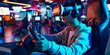 Uma imagem eletrizante de uma pessoa usando óculos de realidade virtual (VR) e interagindo com um ambiente de jogo de RV. A imagem transmite os aspectos imersivos da tecnologia de realidade virtual