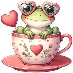 Wall Mural - Cute Frog wearing Heart-Shaped Sunglasses in a Teacup, Happy Valentine Baby Animal in a Cup, Love and Red Heart Concept, Watercolor, Isolated on Transparent Background. Generative AI 