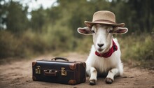 Portrait Of A White Goat In A Hat With A Suitcase.