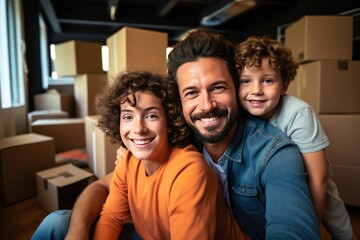 Wall Mural - Young father and son taking a selfie after moving in their new home apartment