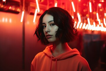 Wall Mural - asian woman with red neon light