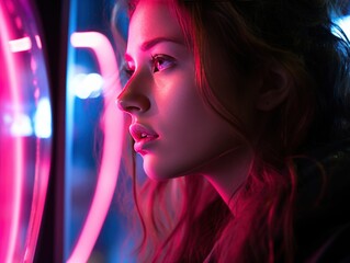 Sticker - Close up of girl under pink neon light at night in profile