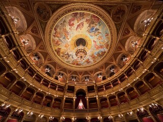 Budapest, Hungary - December 7, 2023: interior wide angle view of the Hungarian State Opera Magyar Állami Operaház architecture.