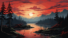 Sunset Landscape With Lake, Clouds On Red Sky, Silhouettes On Hills And Trees On Coast