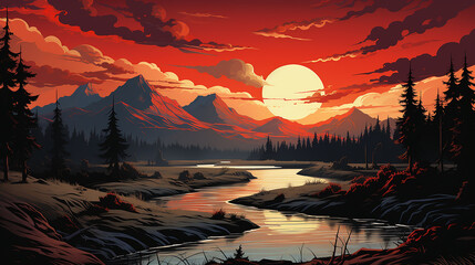 Wall Mural -  sunset landscape with lake, clouds on red sky, silhouettes on hills and trees on coast