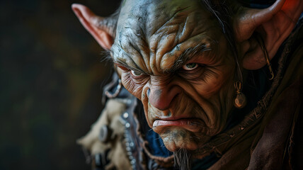 Portrait of an angry goblin, orc, orcoblin warrior with copy space for text