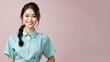 Asian woman in retail worker uniform smile isolated on pastel background