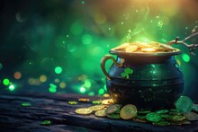 Happy St Patrick`s Day Concept With Cauldron Of Gold Coins And Green Beer Pint. Patricks Day Shamrock Clover, Golden Coins And Green Shamrock Clover