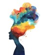 A silhouette of a woman's side face on a white background. Watercolor style simple design. A variety of emotions are expressed abstractly through colorful colors. emotional intelligence. generative AI