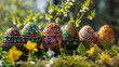 Easter eggs decorated with threads, beads and other decorative elements