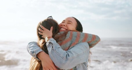 Poster - Love, happy or friends hug at a beach on holiday vacation for bonding or support together in summer. Excited young women, smile or gen z people outdoors at sea with freedom, diversity or wellness