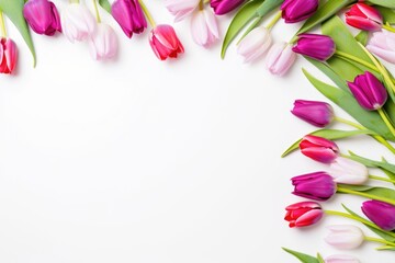  Pink tulips on white background with copy space