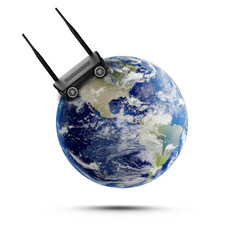 Wall Mural - fast internet connection. wi-fi router with wheels riding on white background