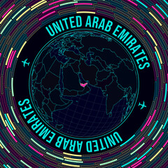 UAE on globe. Satelite view of the world centered to UAE. Bright neon style. Futuristic radial bricks background. Beautiful vector illustration.