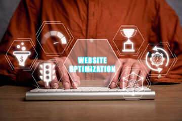 Wall Mural - website optimization concept, businessman typing on keyboard computer on desk with website optimizat