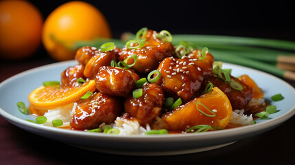 Asian orange chicken with green onions. delicious food